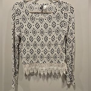 Divided Black and White Cropped Embellished Blouse